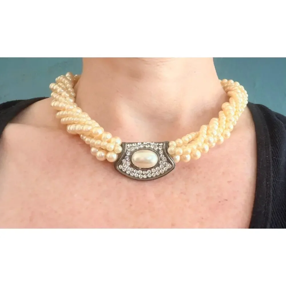 Vtg 1980s Multi Strand Faux Pearl Torsade Necklace Rhinestone Art Deco Choker